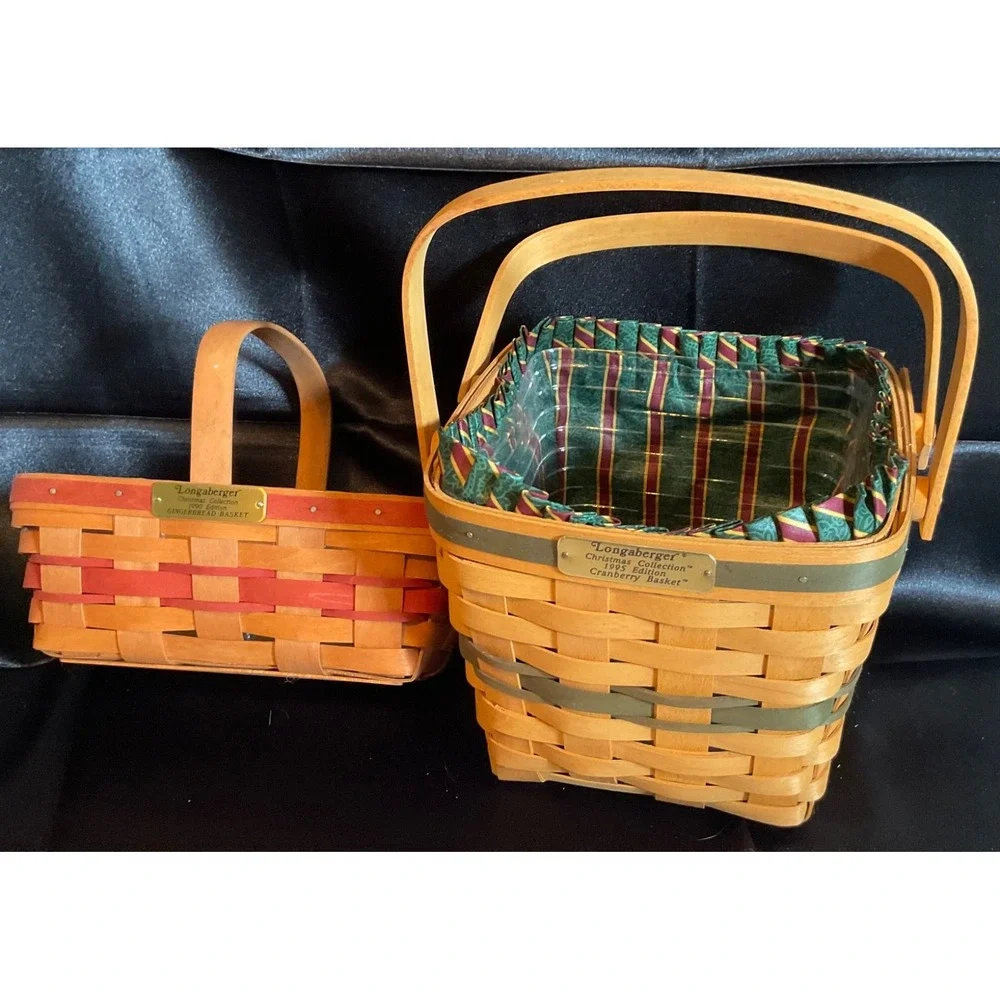 2 TWO LONGABERGER BASKETS & PROTECTORS CHRISTMAS GINGERBREAD & CRANBERRY HANDLES